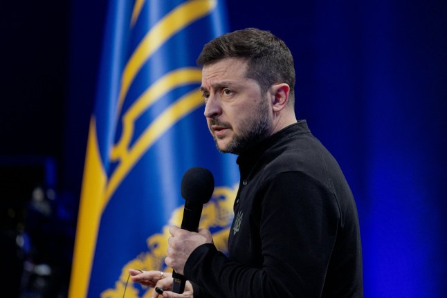 Ukraine's President Volodymyr Zelensky speaks during a joint press conference on the sidelines of the "Ukraine. Year 2025" forum in Kyiv on February 23, 2025, amid the Russian invasion of Ukraine. (Photo by Tetiana DZHAFAROVA / AFP) (Photo by TETIANA DZHAFAROVA/AFP via Getty Images)