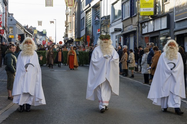 Mandatory Credit: Photo by Shutterstock (15164661x) Picture taken during the Krakelingen and Tonnekensbrand 2025, in Geraardsbergen, Sunday 23 February 2025. The historic Krakelingenstoet passes through the streets of Geraardsbergen this afternoon. Together with the Tonnekensbrand, this double celebration full of age-old traditions and symbols heralds the beginning of the coming spring. More than 1,000 people join the procession every year. They portray several pieces of the city's history. Geraardsbergen Krakelingen And Tonnekensbrand 2025, Geraardsbergen, Belgium - 23 Feb 2025