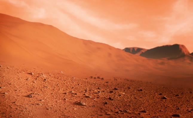 Surface of Mars, artwork. Mars is a rocky desert world with no surface water, its landscape typified by boulders, impact craters, sand dunes, mesas, canyons and erosion features from wind and ancient water flows or seas. The atmosphere is mostly carbon dioxide and Martian surface temperatures are well below freezing. Mars has a diameter around half Earths, and a surface gravity around a third that of Earths. It orbits the Sun at a distance of around 230 million kilometres.