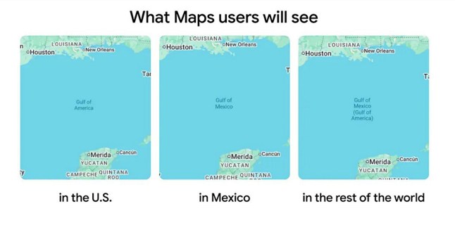 Google explanation for the name difference in different locations, Feb 11, 2025. The Gulf of Mexico is now the Gulf of America - depending on where you check your map. Google Maps switched names on Monday (10 Feb) after president Donald Trump signed an executive order renaming the waters. However, the original name remains if you are viewing in Mexico, the new name applies for U.S. web users, and both are listed for those viewing Google in the rest of the world. On January 20, 2025, United States president Donald Trump signed Executive Order 14172 directing the interior secretary to adopt the name Gulf of America, specifying an area of the U.S. continental shelf "extending to the seaward boundary with Mexico and Cuba."