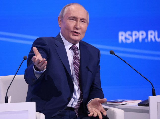 MOSCOW, RUSSIA - MARCH 18 (RUSSIA OUT) Russian President Vladimir Putin speaks during the plenary session of Russia Union of Industrialists and Entrepreneurs, March 18, 2025, in Moscow, Russia. Putin visited an annual congress of top Russian business prior to his telephone talks with U.S. President Donald Trump. (Photo by Contributor/Getty Images)