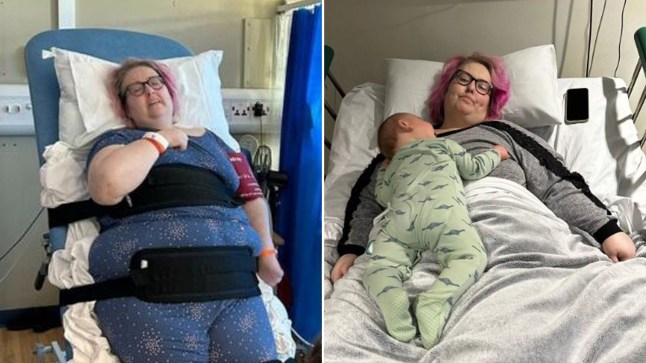 Danielle in hospital with her grandson sleeping on her and when she was temporarily paralysed from the neck down after suffering complications with weight loss surgery