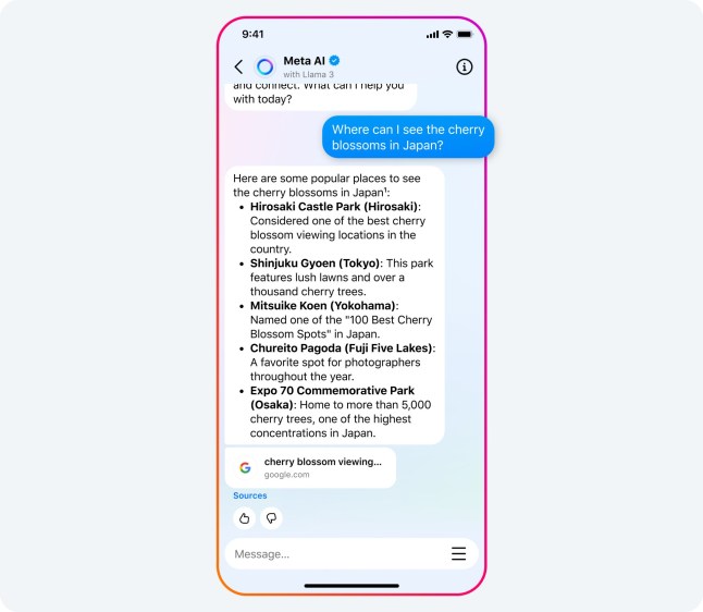 Meta AI being asked 'Where can I see the cherry blossoms in Japan?'