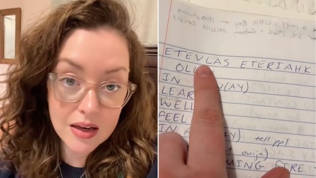 The TikToker make the claims about a ghost predicting the end of the world (left) and the text transcript from the conversations (right)