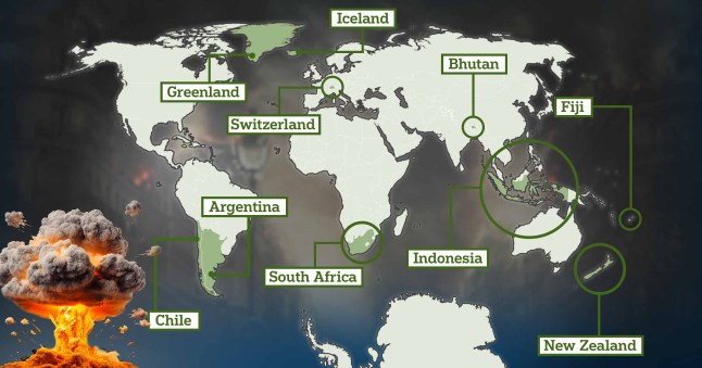 Map shows what countries are the 'safest' if a nuclear strike happens, including Switzerland, Greenland, Chile, Bhutan, Iceland, Fiji and New Zealand