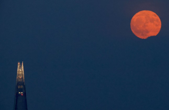 A full moon known as the Strawberry Moon rises over The Shard in London, as seen from Hampstead Heath, Britain, June 10, 2025. REUTERS/Peter Cziborra