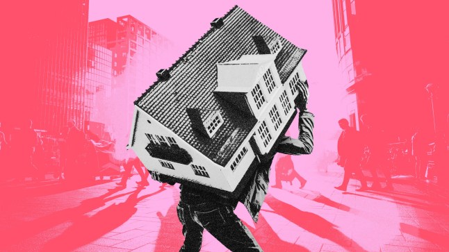 A person carries a small house on their back against a pink background.