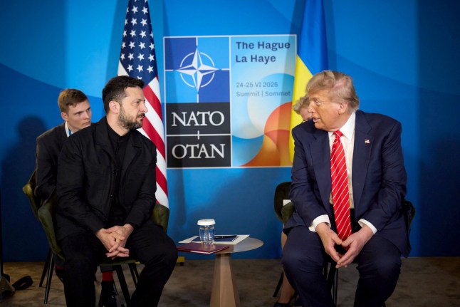 In this handout photograph taken and released by the Ukrainian Presidential Press Service on June 25, 2025, Ukraine's President Volodymyr Zelensky (L) meets with US President Donald Trump on the sideline of the North Atlantic Treaty Organization (NATO) summit in The Hague. (Photo by Handout / UKRAINIAN PRESIDENTIAL PRESS SERVICE / AFP) / RESTRICTED TO EDITORIAL USE - MANDATORY CREDIT "AFP PHOTO / Ukrainian Presidential Press Service" - NO MARKETING NO ADVERTISING CAMPAIGNS - DISTRIBUTED AS A SERVICE TO CLIENTS (Photo by HANDOUT/UKRAINIAN PRESIDENTIAL PRESS SERVICE/AFP via Getty Images)