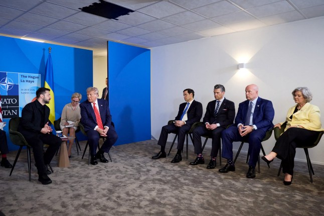 In this handout photograph taken and released by the Ukrainian Presidential Press Service on June 25, 2025, Ukraine's President Volodymyr Zelensky (L) meets with US President Donald Trump (3rd-L) on the sideline of the North Atlantic Treaty Organization (NATO) summit in The Hague. (Photo by Handout / UKRAINIAN PRESIDENTIAL PRESS SERVICE / AFP) / RESTRICTED TO EDITORIAL USE - MANDATORY CREDIT "AFP PHOTO / Ukrainian Presidential Press Service" - NO MARKETING NO ADVERTISING CAMPAIGNS - DISTRIBUTED AS A SERVICE TO CLIENTS (Photo by HANDOUT/UKRAINIAN PRESIDENTIAL PRESS SERVICE/AFP via Getty Images)
