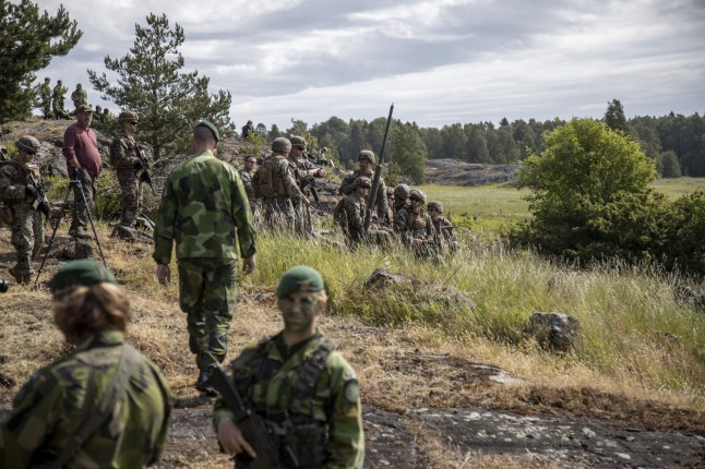 UTO, STOCKHOLM COUNTY, SWEDEN - JUNE 11: Servicemen belonging to the US Maine Corps and the Stockholm's Amphibious Regiment are seen during the Baltops 24 military exercises on the island of Uto, located in the archipelago of Stockholm, Sweden on June 11, 2024. Baltops is the largest regional joint of navy and defense branches of armies carrying out integrated military operations within NATO framework in the Baltic Sea region, including Sweden and Finland as the new members of the alliance. (Photo by Narciso Contreras/Anadolu via Getty Images)