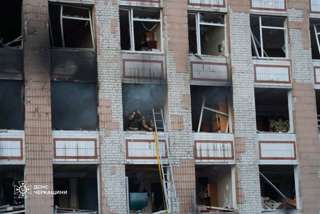 This handout photograph taken and released by the State Emergency Service of Ukraine on June 29, 2025, shows firefighters working at a site of a Russian attack in the city of Smila, Cherkasy region amid the Russian invasion of Ukraine. (Photo by Handout / Ukrainian State Emergency Service / AFP) / RESTRICTED TO EDITORIAL USE - MANDATORY CREDIT "AFP PHOTO / State Emergency Service of Ukraine" - NO MARKETING NO ADVERTISING CAMPAIGNS - DISTRIBUTED AS A SERVICE TO CLIENTS (Photo by HANDOUT/Ukrainian State Emergency Service/AFP via Getty Images)
