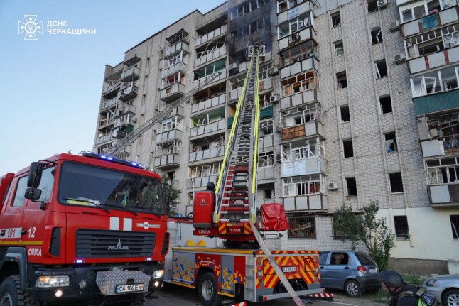 This handout photograph taken and released by the State Emergency Service of Ukraine on June 29, 2025, shows a firefighters extinguishing a fire in a residential building following a Russian attack in the city of Smila, Cherkasy region amid the Russian invasion of Ukraine. (Photo by Handout / Ukrainian State Emergency Service / AFP) / RESTRICTED TO EDITORIAL USE - MANDATORY CREDIT "AFP PHOTO / State Emergency Service of Ukraine" - NO MARKETING NO ADVERTISING CAMPAIGNS - DISTRIBUTED AS A SERVICE TO CLIENTS (Photo by HANDOUT/Ukrainian State Emergency Service/AFP via Getty Images)