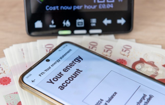 London. UK- 09.11.2024. A energy use and cost concept with a digital bill on a mobile phone, a smart energy meter and bank notes.; Shutterstock ID 2519830005; purchase_order: -; job: -; client: -; other: -