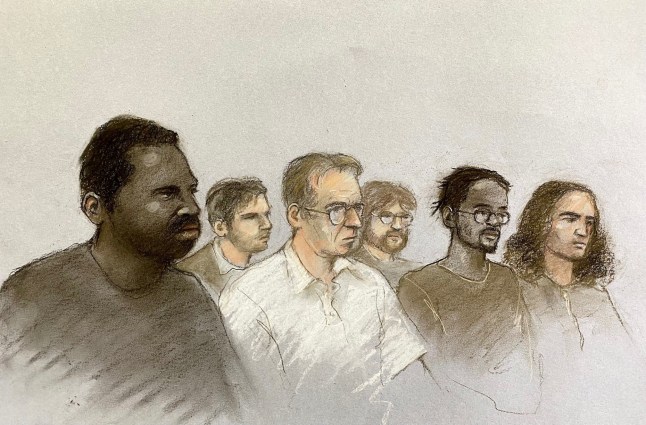 Court artist drawing of (front row, left to right) Nii Mensah, 23, Paul English, 61, Jakeem Rose, 23, and Ugnius Asmena, 20, and (back left) Dmirjus Paulauskas, 23, and Ashton Evans, 20, (back right) appearing at the Old Bailey, central London in connection with an alleged arson plot. Picture date: Wednesday June 4, 2025. PA Photo. See PA story COURTS Russia. Photo credit should read: PA/PA Wire