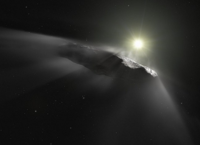 Artist???s impression shows the first interstellar object discovered in the Solar System, `Oumuamua. A mysterious object the size of Manhattan from outside our solar system has been spotted. Astronomers have confirmed the discovery of the rare interstellar visitor???only the third ever detected???currently hurtling through our Solar System at extraordinary speed. The object, now officially designated 3I/Atlas (previously known as A11pl3Z), is believed to have originated from a distant star system and is travelling at over 60 kilometres per second. Described as likely the largest interstellar visitor yet observed, 3I/Atlas appears to be a comet, with astronomers noting a faint tail and a "fuzzy" appearance, indicating the presence of gas around it.