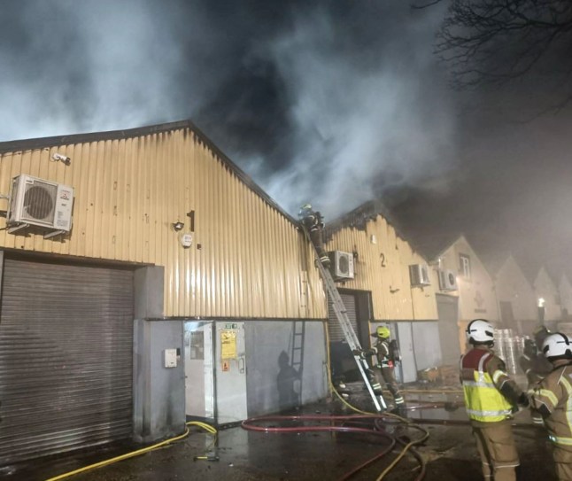 Handout photo issued by the London Fire Brigade of a fire at industrial units at an industrial estate on Staffa Road in Leyton. Dylan Earl, 20, along with Jake Reeves, 23, livestreamed setting fire to a business that supplied Starlink satellite equipment to Ukraine. They were reportedly recruited by agents of the terrorist Wagner Group, a court has heard. Around ?1 million of damage was caused by the blaze at an industrial unit in Leyton, east London, last March 20, the Old Bailey was told. Three men have been found guilty at the Old Bailey of an arson attack on a warehouse linked to Ukraine on behalf of the terrorist Wagner Group. Issue date: Tuesday July 8, 2025. PA Photo. Photo credit should read: London Fire Brigade/PA Wire NOTE TO EDITORS: This handout photo may only be used for editorial reporting purposes for the contemporaneous illustration of events, things or the people in the image or facts mentioned in the caption. Reuse of the picture may require further permission from the copyright holder.