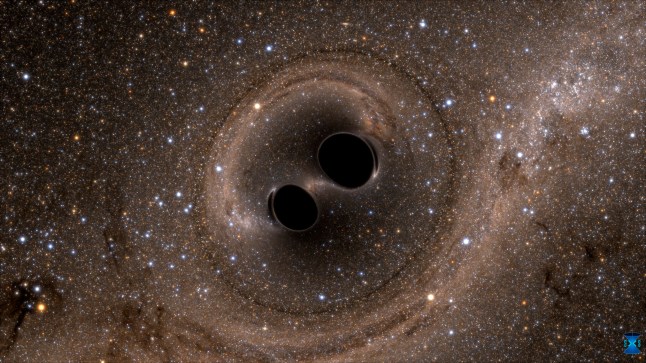 A recreation of two black holes circling around one another.