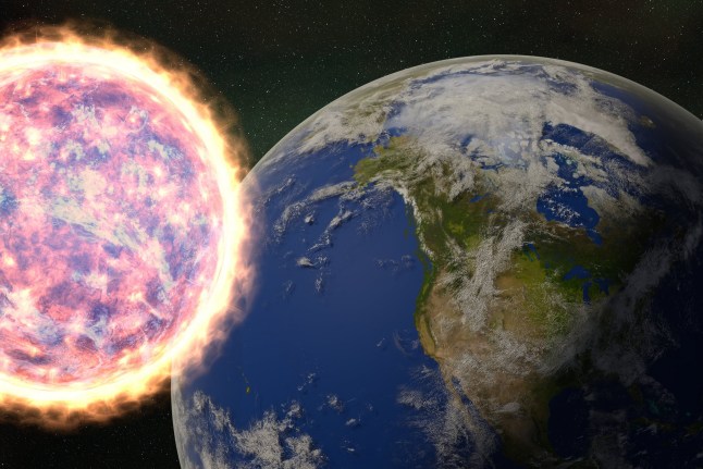 Burning in fire planet near planet Earth in space. 3D render illustration. Elements of this image were furnished by NASA; Shutterstock ID 2068338359; purchase_order: -; job: -; client: -; other: -