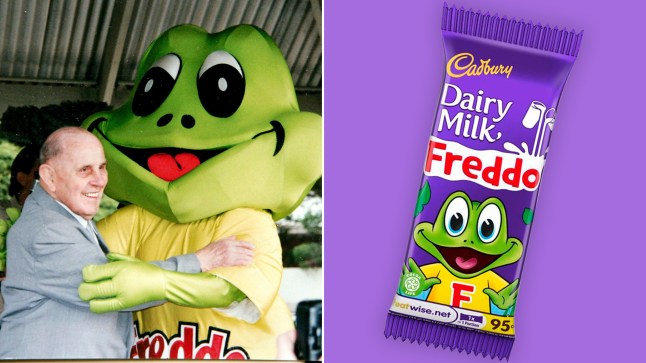 A photograph of the creator of the Freddo bar hugging a Freddo mascot, and next to that a photograph of a Freddo bar.