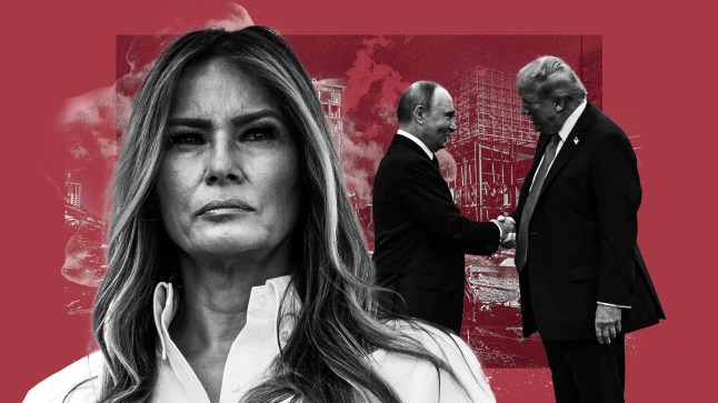 A composite image of Melania Trump in front of her husband Donald Trump shaking hands with Putin, on a red background