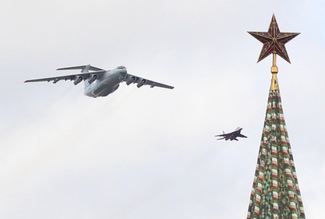 MOSCOW, RUSSIA - MAY 4: A Russian Ilyushin IL-80 aircraft flies over the Kremlin on May 4, 2022 in Moscow, Russia. Rehearsals are underway as Russia prepares to celebate Victory Day on May 9. (Photo by Contributor/Getty Images)