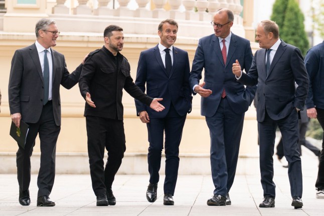 (left to right) Prime Minister Sir Keir Starmer, Ukrainian President Volodymyr Zelensky, French President Emmanuel Macron, German Chancellor Friedrich Merz and Poland's Prime Minister Donald Tusk at the Presidential Palace in Kyiv, Ukraine where they held a meeting of the so-called "coalition of the willing". Picture date: Saturday May 10, 2025. PA Photo. See PA story POLITICS Ukraine. Photo credit should read: Stefan Rousseau/PA Wire