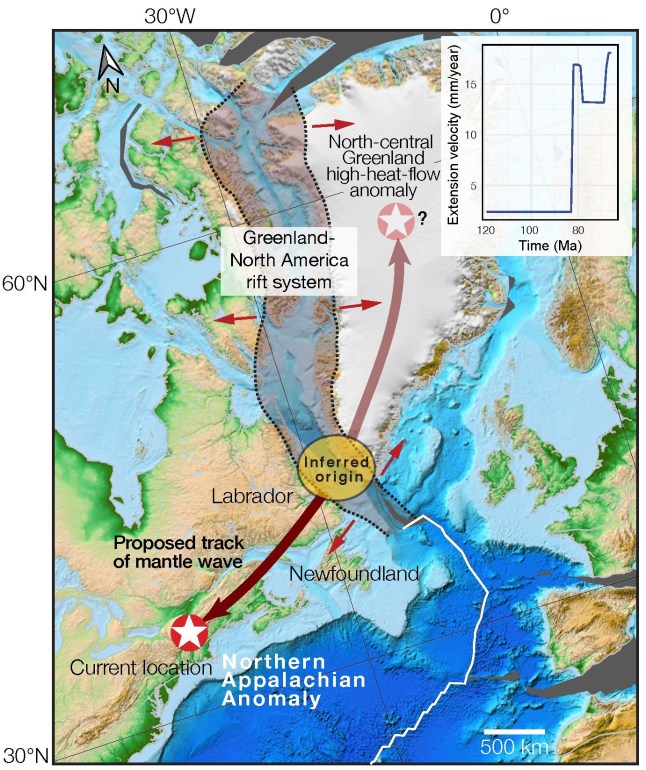 An ancient 250-mile-wide hot blob is heading for New York City Origin of the Appalachian anomaly when Greenland and North America split