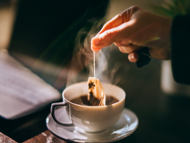 Hand is picking a tea bag out of a white cup.