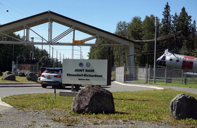 Mandatory Credit: Photo by Al Grillo/ZUMA Press Wire/Shutterstock (15440605a) The entrance gate to the Joint Base Elmendorf - Richardson in Anchorage Alaska August 13,2025 The military base will be the meeting place for U.S. President Donald Trump and Russian President Vladimir Putin on Friday Aug. 15. 2025 Joint Base Elmenddort-Richardson, Anchorage, Ak, USA - 13 Aug 2025