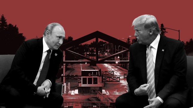 Graphic illustration of US President Donald Trump (right) and Russian President Vladimir Putin (left) speaking with Joint Base Elmendorf-Richardson in the middle