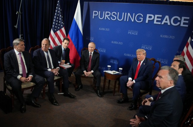 ANCHORAGE, ALASKA - AUGUST 15: U.S. President Donald Trump (R) and Russian President Vladimir Putin (L) hold a meeting at Joint Base Elmendorf-Richardson on August 15, 2025 in Anchorage, Alaska. The two leaders are meeting for peace talks aimed at ending the war in Ukraine. Russian Minister of Foreign Affairs Sergey Lavrov and U.S. Secretary of State Marco Rubio and Special Envoy Steve Witkoff also joined the meeting. (Photo by Andrew Harnik/Getty Images)