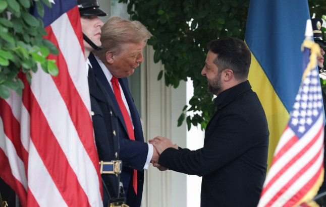 WASHINGTON, DC - AUGUST 18: U.S. President Donald Trump greets Ukrainian President Volodymyr Zelensky at the White House on August 18, 2025 in Washington, DC. President Trump is hosting President Zelensky at the White House for a bilateral meeting and later an expanded meeting with European leaders to discuss a peace deal between Russia and Ukraine. (Photo by Alex Wong/Getty Images)