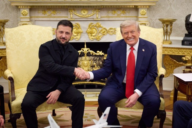 WASHINGTON D.C., UNITED STATES - AUGUST 19: (----EDITORIAL USE ONLY - MANDATORY CREDIT - 'UKRAINIAN PRESIDENCY / HANDOUT' - NO MARKETING NO ADVERTISING CAMPAIGNS - DISTRIBUTED AS A SERVICE TO CLIENTS----) Ukrainian President Volodymyr Zelenskyy (L) meets with US President Donald Trump (R) in Washington D.C., United States on August 19, 2025. Zelenskyy stated that Ukraine is ready for any format of negotiations, including a bilateral meeting with Russia at the leadership level. (Photo by Ukrainian Presidency / Handout/Anadolu via Getty Images)
