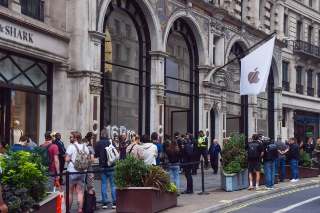 Customers queue outside the Apple store in Regent Street as iPhone 16 goes on sale in the UK.