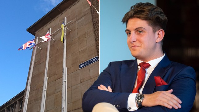 Caption: Reform leader demands Ukraine flag is taken down from outside council headquarters credit: Josh Layton / PA