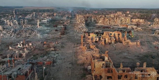(FILES) This recent undated handout photograph, released by the Presidential Brigade of the Armed Forces of Ukraine on September 5, 2024, shows the ruins of the Ukrainian town of Vovchansk, in the Kharkiv region, located approximately five kilometers from the state border with the Russia. (Photo by Handout / Armed Forces of Ukraine / AFP) / RESTRICTED TO EDITORIAL USE - MANDATORY CREDIT "AFP PHOTO /Presidential Brigade of the Armed Forces of Ukraine " - NO MARKETING NO ADVERTISING CAMPAIGNS - DISTRIBUTED AS A SERVICE TO CLIENTS (Photo by HANDOUT/Armed Forces of Ukraine/AFP via Getty Images)