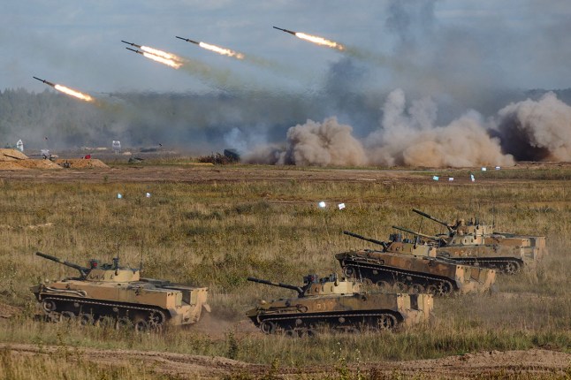 (FILES) This handout picture made available by the Russian Defence Ministry on September 13, 2021 shows the "Zapad-2021" joint military drills of the armed forces of the Russian Federation and the Republic of Belarus at the Mulino army base in the Nizhny Novgorod region, some 350 kilometers east of Moscow. Russia and Belarus started joint major military drills on September 12, 2025, days after neighbouring Poland accused Moscow of escalating tensions with NATO by deliberately violating its airspace with unprecedented number of drones. The Zapad-2025 ("West-2025") comes as Russia is mounting air attacks on Ukrainian cities and making slow advances across the sprawling front line and as Kyiv branded the drills as "definitely not defensive". (Photo by Handout / Russian Defence Ministry / AFP) / RESTRICTED TO EDITORIAL USE - MANDATORY CREDIT "AFP PHOTO / Russian Defence Ministry / handout " - NO MARKETING - NO ADVERTISING CAMPAIGNS - DISTRIBUTED AS A SERVICE TO CLIENTS (Photo by HANDOUT/Russian Defence Ministry/AFP via Getty Images)