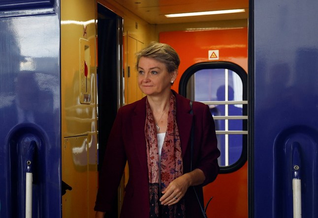 British Foreign Secretary Yvette Cooper arrives at a railway station, amid Russia's attack on Ukraine, in Kyiv, Ukraine,