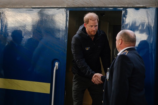 Britain's Prince Harry arrives on central railway station in Kyiv region, Ukraine.