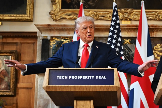 US President Donald Trump during a press conference with Prime Minister Sir Keir Starmer at Chequers, near Aylesbury in Buckinghamshire, on day two of the president's second state visit to the UK. Picture date: Thursday September 18, 2025. PA Photo. Photo credit should read: Leon Neal/PA Wire