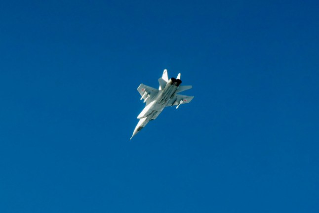 This September 19, 2025 Hand Out image released by the Swedish Airforce shows a Russian MIG-31 fighter jet flying above the Baltic sea after violating Estonian air space. Three Russian MiG-31 fighters violated Estonian airspace over the Gulf of Finland on Friday, Estonia said, triggering complaints of a dangerous new provocation from the EU and NATO. Sweden and Finland scrambled rapid reaction aircraft, a spokesman for the Supreme Headquarters Allied Powers Europe (SHAPE) told reporters. (Photo by Forsvarsmakten / HANDOUT / AFP) / RESTRICTED TO EDITORIAL USE - MANDATORY CREDIT "AFP PHOTO / SOURCE / BYLINE" - HANDOUT - NO MARKETING NO ADVERTISING CAMPAIGNS - DISTRIBUTED AS A SERVICE TO CLIENTS (Photo by FORSVARSMAKTEN/HANDOUT/AFP via Getty Images)