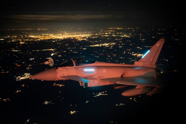 EMBARGOED TO 2230 SATURDAY SEPTEMBER 20 A Royal Air Force FGR4 Typhoon (Callsign Chaos One, armed with ASRAAM air-to-air missiles, is seen from inside an RAF Voyager air-refuelling tanker during the first Royal Air Force "Eastern Sentry" deployment over Poland, 70 miles from the Belarusian border in the location Russian drones were shot down, as the UK deploys RAF jets to Poland to support Nato's Eastern Sentry mission, in response to Russian drones violating the country's airspace. Picture date: Friday September 19, 2025. PA Photo. Photo credit should read: Ben Birchall/PA Wire