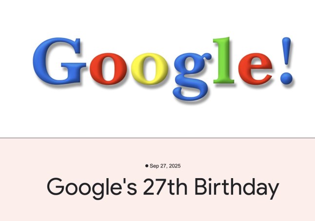 Screengrab of the old Google logo from the late 1990s with the words 'Google's 27th birthday' written underneath in black text