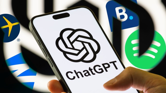 ChatGPT logo on phone screen with logos of integrated apps surrounding (Spotify, Booking.com and Expedia)