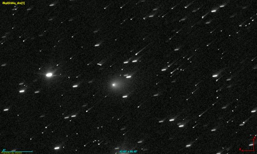 Two-frame animation of interstellar comet 3I/ATLAS (big gray fuzzy blob), seen moving across a field of stars in Hubble Space Telescope images taken on 21 July 2025 18:04 and 18:06 UTC. Each frame is a 25-second exposure taken with the WFC3 camera's F350LP filter. The stars appear trailed because the Hubble Space Telescope was following the comet's movement during the image exposure. Stray white pixels and spots that sporadically appear between frames are image artifacts caused by cosmic rays striking Hubble's camera during the exposure. The images are oriented North up, East left. https://commons.wikimedia.org/wiki/File:3I-ATLAS_Hubble_2025-07-21_8UT.gif 14928987 First look at interstellar object hurtling towards solar system captured by Hubble Telescope