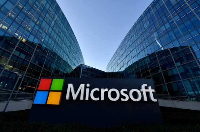 The logo of French headquarters of American multinational technology company Microsoft, is pictured outside on March 6, 2018 in Issy-Les-Moulineaux, a Paris suburb. (Photo by GERARD JULIEN / AFP)