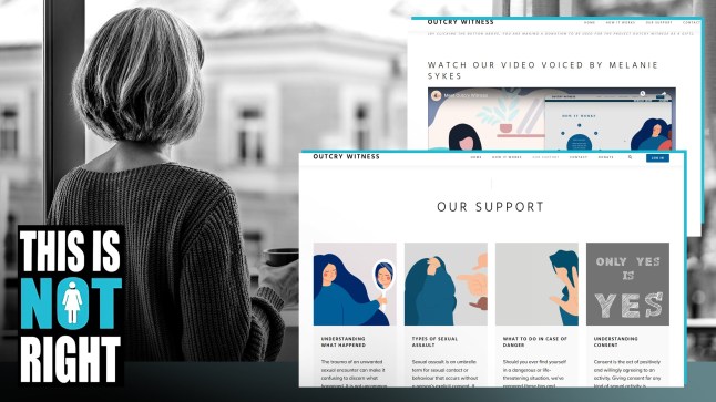 Outcry Witness website beside a black and white image of a woman. (This Is Not Right campaign) Picture: getty/ metro