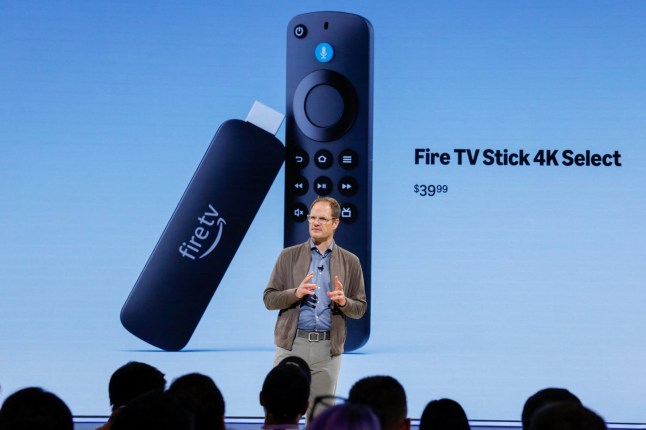Aidan Marcuss, vice president of Fire TV, announces the Fire TV Stick 4K Select during an Amazon event showcasing new products in New York City, U.S., September 30, 2025. REUTERS/Kylie Cooper