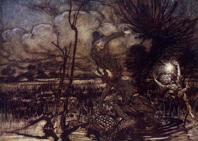 Mandatory Credit: Photo by Kharbine-Tapabor/Shutterstock (6051089ha) Two men risk drowning in the marsh when Puck misguides them with a will o' the wisp, illustration, 1911, for A Midsummer Night's Dream by William Shakespeare, 1564-1616 (Arthur Rackham) Art (Prints & illustrations) - various Artist: RACKHAM, Arthur (1867-1939, English)