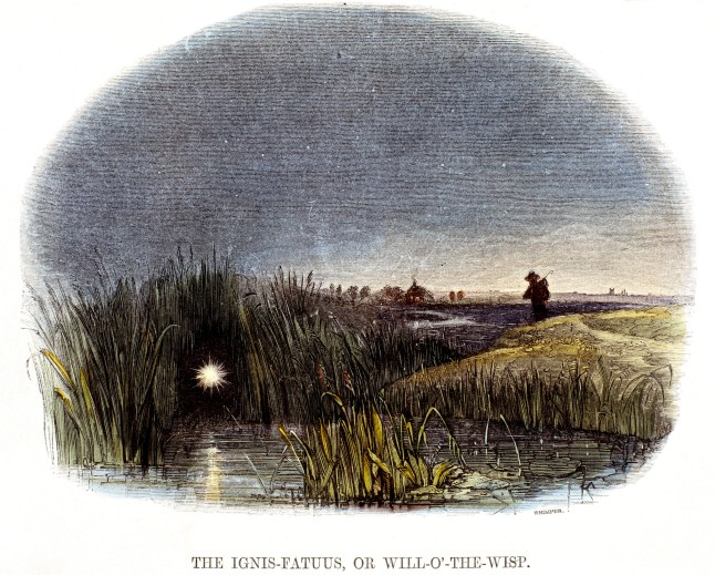 UNITED KINGDOM - FEBRUARY 08: Detail from an engraving by Josiah Wood Whymper from 'Phenomena of Nature', published in London in 1849 for the Society for Promoting Christian Knowledge. 'In marshy and boggy places, a light is sometimes seen to hover over the ground by night, appearing from a distance like a taper gleaming from some cottage window. The light is caused by the lighting up of an inflammable gas produced by decaying animal and vegetable matter in bogs, marshes and stagnant pools. It is found that when damp soils are drained, the Will-o'-the-Wisp disappears.' (Photo by SSPL/Getty Images)
